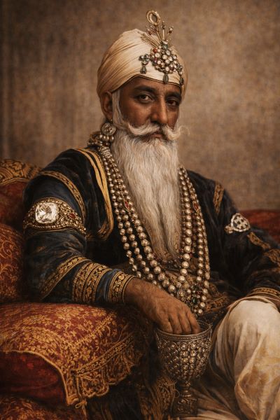Maharaja Ranjit Singh in court dress, the Koh-i-Noor diamond worn as an armlet — a formal portrait of the Maharaja in his final decade