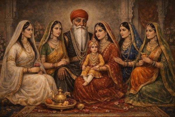 Ranjit Singh with his wives and son — a court painting showing the aged Maharaja surrounded by his queens, with the young Duleep Singh in the centre
