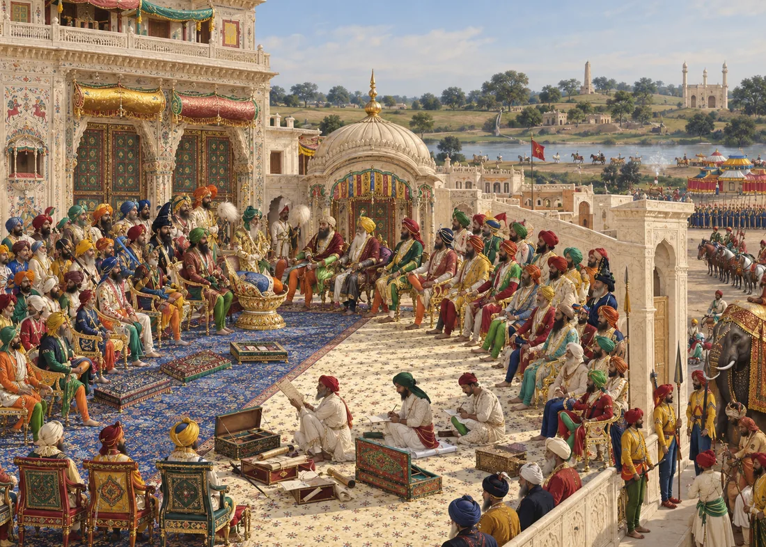 The darbar of Maharaja Ranjit Singh on a terrace of the Lahore Fort: the Maharaja enthroned with his sons, ministers and generals seated in ranks, scribes at work on the carpet with document boxes and scrolls, cavalry and an elephant beyond the balustrade and the Ravi in the distance