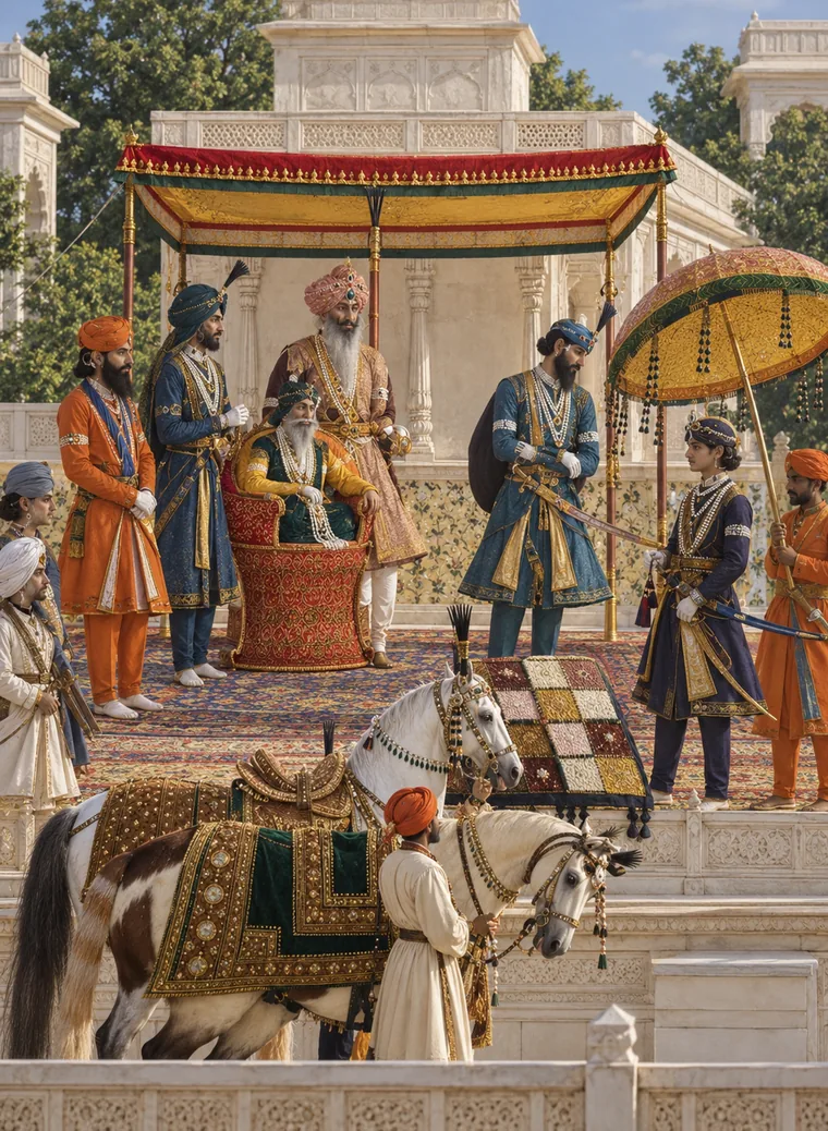 Maharaja Ranjit Singh seated under a canopy on a marble terrace inspecting caparisoned horses led up the steps before him, with Hari Singh Nalwa and other courtiers standing in attendance