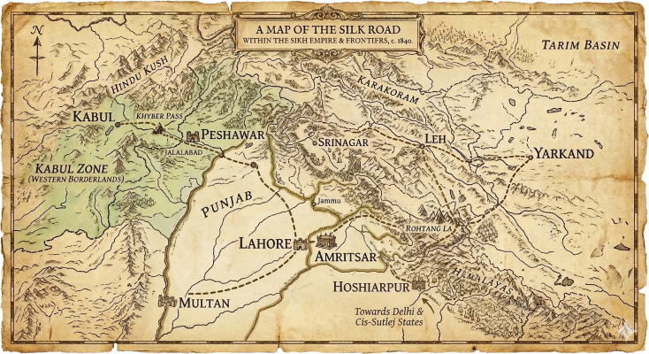 Map of the Sikh Empire's Silk Road Corridor showing monetary zones — the Amritsar 11g standard zone and the Kabul/Afghan 8.33g zone — and trade routes from Bukhara and Yarkand through Peshawar, Lahore, Kashmir and Hoshiarpur to the Punjab plains