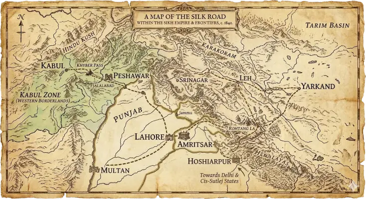 Map of the Sikh Empire's Silk Road Corridor showing monetary zones — the Amritsar 11g standard zone and the Kabul/Afghan 8.33g zone — and trade routes from Bukhara and Yarkand through Peshawar, Lahore, Kashmir and Hoshiarpur to the Punjab plains