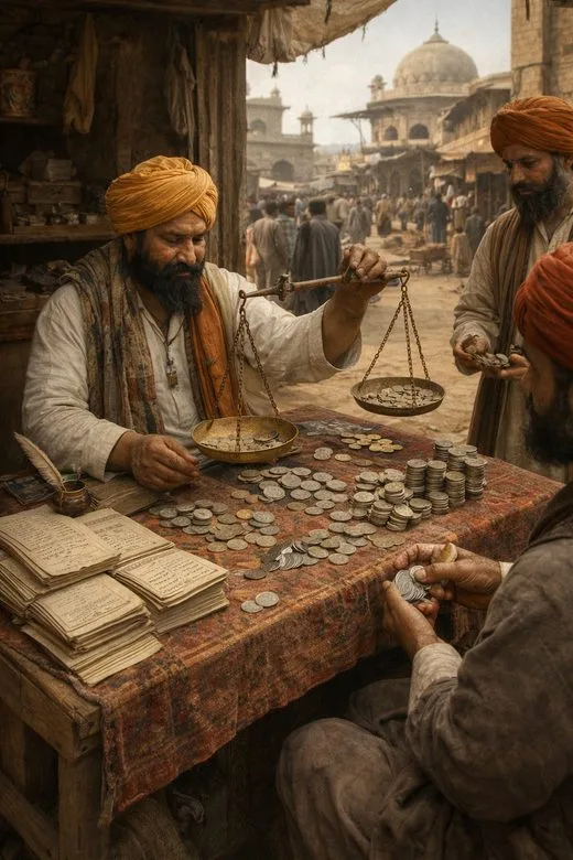 A Sikh sarraf weighing coins on a balance scale at his street stall, ledgers and stacked rupees on the table, Peshawar bazaar behind