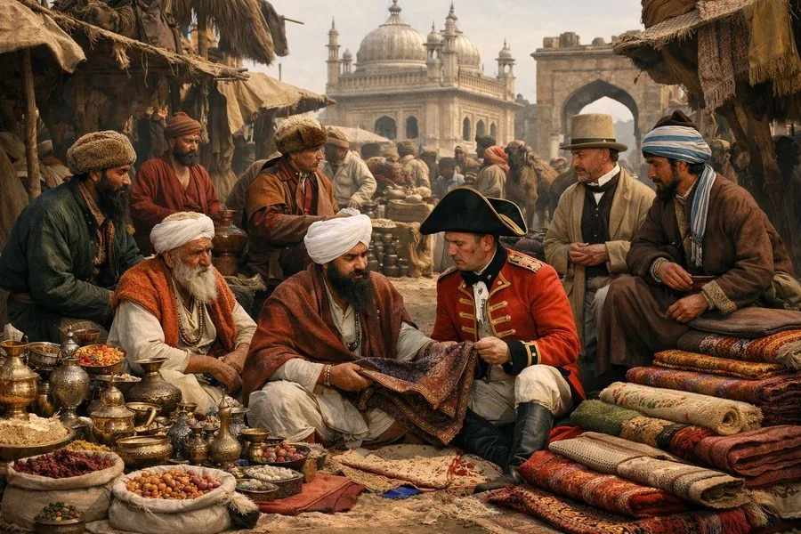 A European officer in red uniform inspects Kashmiri shawl cloth with Sikh and Central Asian merchants; camels, carpets, brassware and spices surround them, a Mughal gateway visible behind