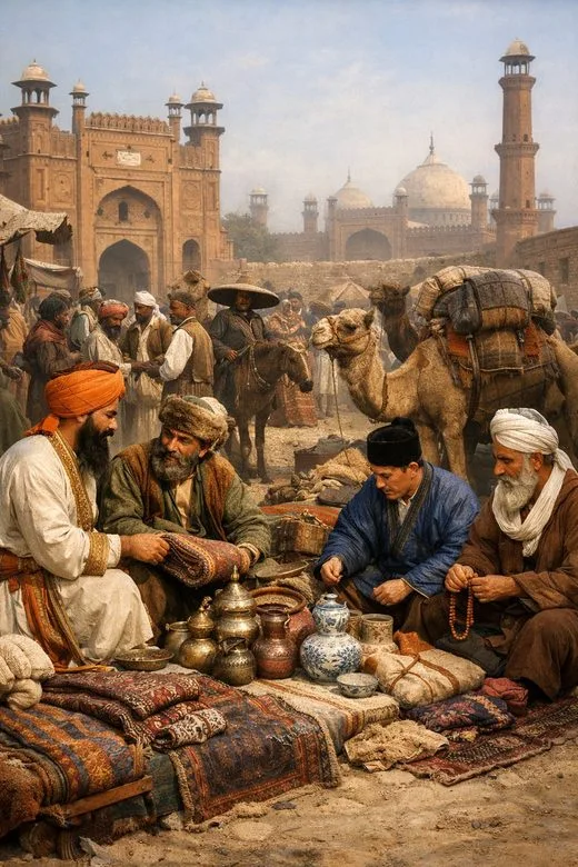 Merchants at the Lahore entrepôt — Sikh, Central Asian and Afghan traders with camels and carpets, Badshahi Mosque in the background