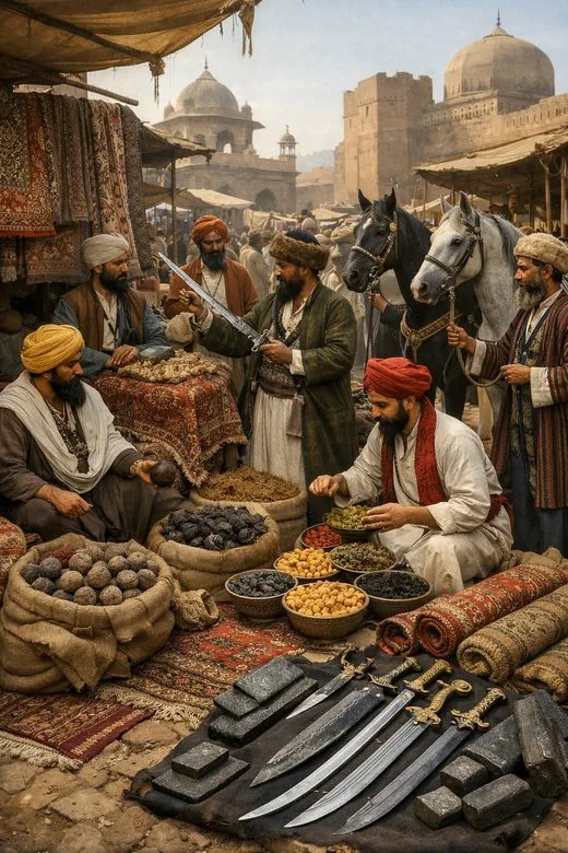 The Peshawar bazaar — Afghan, Sikh, Central Asian and Pathan merchants trading horses, dried fruit, carpets and weapons, Peshawar fort in the background