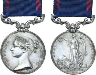 The Sutlej Medal 1845–46 — obverse showing Victoria Regina and reverse showing Victory standing with trophies.