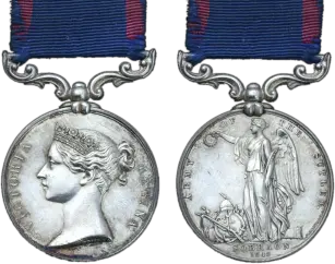The Sutlej Medal 1845–46 — obverse showing Victoria Regina and reverse showing Victory standing with trophies.