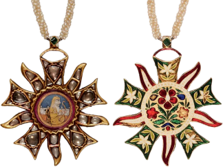 Tara-i-Koh-i-Noor — Order of the Koh-i-Noor, Sikh Empire. Obverse and reverse showing the sunburst star and enamel medallion.