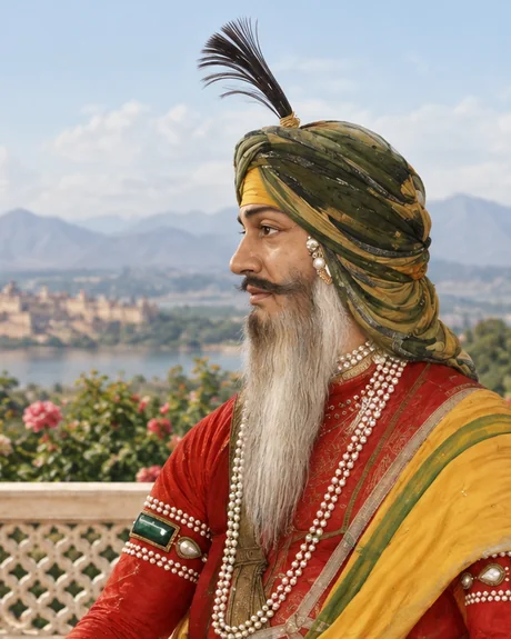 Tej Singh, commander-in-chief of the Khalsa army, seated in a red tunic and yellow sash with a plumed olive turban and a long white beard