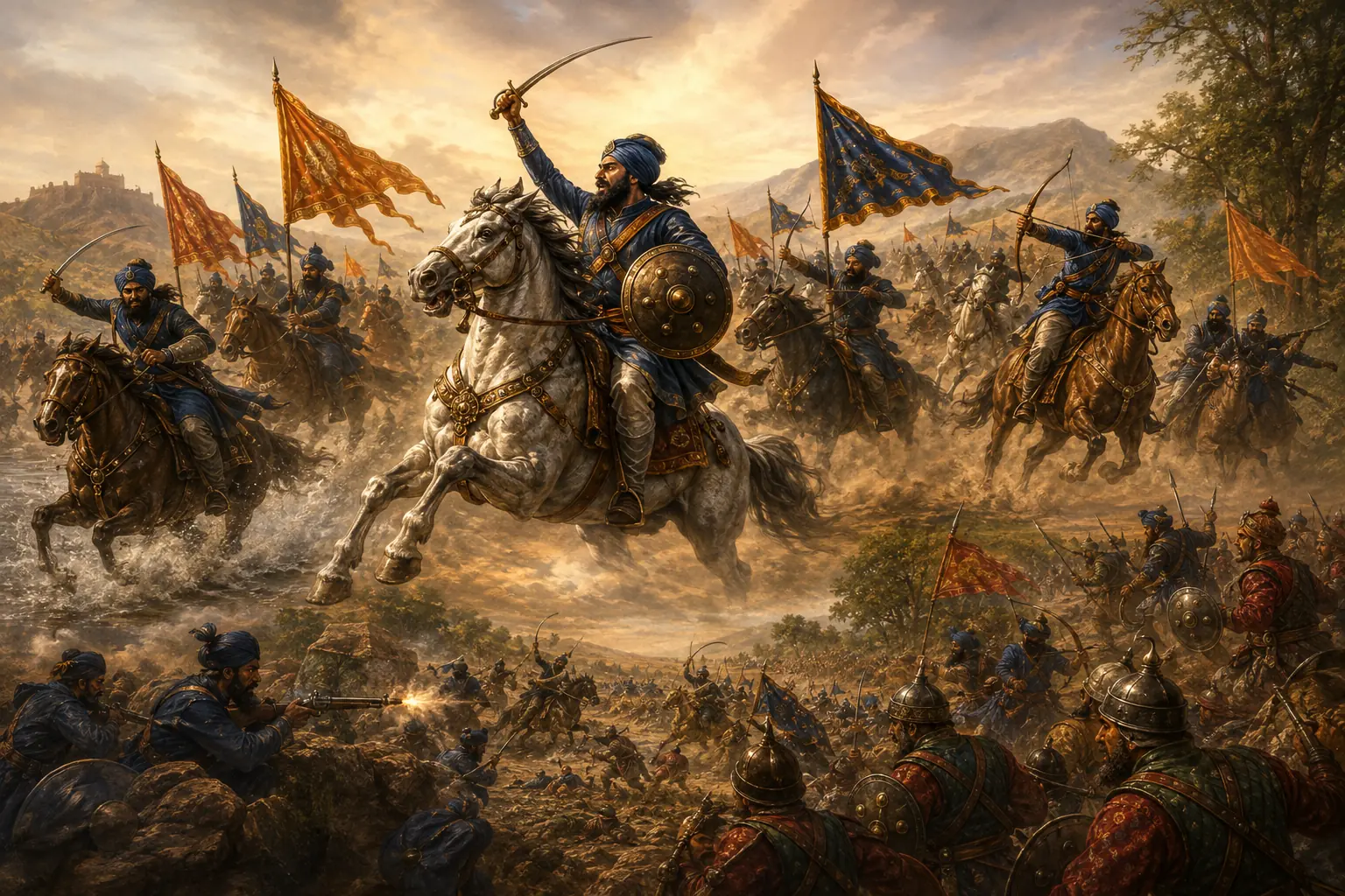 Sikh horsemen of the Dal Khalsa charging in the open with standards raised, matchlocks firing from broken ground, and Mughal infantry giving way