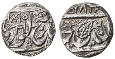 Derajat, VS1895, Rupee
Stephen Album Rare Coins, Auction 33

SIKH EMPIRE: AR rupee (10.67g), Derajat, VS1895, KM-120.2, Herrli-07.06, without any secondary mark below the VS date, scarce date, choice VF.
