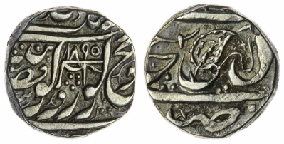 Derajat, VS1895, Rupee
Spink, auction 21125
2021
Sikh Empire, Ranjit Singh (VS 1856-96; 1799-1839), Gobindshahi Rupee, 11.09g, Derajat, VS 1895 (1838) (Herrli 07.06.04; KM 120.2), a few tiny marks on edge, one small reverse test punch, toned very fine, scarce.
Derajat was annexed by Ranjit Singh in 1835 and Gobindshahi Rupees were struck at this mint from then until 1848.
