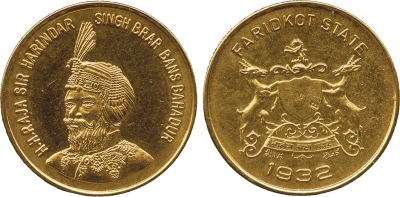 Faridkot, Fake Medallic Mohur
Forgery modelled after the unique 5 Rupee coin of the state. 

Anomalies :
The portrait of the Raja has been taken from his photograph taken in 1941, when he was 24 years old, while the date on the coin is 1932.
The fonts used on the coin are modern, and much different from the 1941 mohurs of the state.
The crest within the Coat-of-Arms is incomplete.
