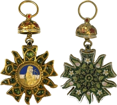 Kaukab-i-Iqbal-i-Punjab, 3rd Class
http://m.vam.ac.uk/item/O17079/order-of-merit-with-a-medal-unknown/

The official history of Ranjit Singh's reign records his curiosity concerning the medals worn by the English Governor Sir Henry Fane, when he arrived at the court in 1837 for the marriage of Nau Nihal Singh. General Allard, the French general in Ranjit Singhs service, wore the Legion d'Honneur, and these European decorations seem to have intrigued the Maharaja. Discussions took place on 23 October that year about Fane's suggestion that medals be introduced at court, and it was decided to make three fixed awards: the highest was reserved for the princes, the second for the 'relatives and brotherhood' of the Maharaja, and the third rank would go to high dignitaries, colonels and those providing honourable service. The European practice of awarding service medals was also discussed at length with the British local representative, Captain Wade, in April 1838 and this seems to have led indirectly to an order that henceforth the uniforms of all his platoons should have their own identifying mark. At the same time, medals were given out to a range of royal and other individuals including Allard, Avitabile and Court, Faqir Aziz ud-Din and Raja Hira Singh and Lehna Singh Majithia. The order was called 'Star of the Prosperity of the Panjab'.

Classes -
1st Class - Diamonds
2nd Class - Diamonds & Emeralds
3rd Class - Emeralds
