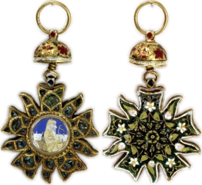Kaukab-i-Iqbal-i-Punjab, 3rd Class
V&A Museum Collection
https://tinyurl.com/5n86bdph

This order of merit was introduced by Ranjit Singh, the first Sikh maharaja of the Panjab (r.1801�1839), and seems to have been directly inspired by the French Legion d�honneur worn by one of his foreign military commanders, General Allard. It may be the �Star of the Prosperity of the Panjab� instituted in 1837. This example was said to have been owned formerly by Duleep Singh, Ranjit Singh�s son and the last Sikh maharaja of the Panjab, who lost his territory when the Panjab was annexed by the British in 1849.

Classes -
1st Class - Diamonds
2nd Class - Diamonds & Emeralds
3rd Class - Emeralds
