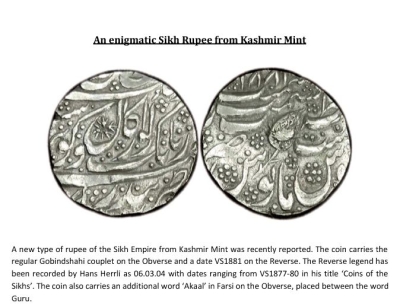 Jeevandeep Singh - An Enigmatic Sikh Rupee from Kashmir Mint
'An enigmatic Sikh rupee from Kashmir mint' published in the Souvenir of Mumbai Coin Society released during the 16th annual coin fair and the 101st conference of the Numismatic Society of India.

https://www.academia.edu/37522233/An_enigmatic_Sikh_Rupee_from_Kashmir_Mint
