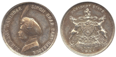 Faridkot, Medallic Rupee, AD1941
Issued during the Viceregal visit to the state in 1941.
Baldwins Auctions Ltd. Hong Kong Auction 47 (27.08.2009) Coins. India – Native States Coinages. Faridkot, Raja Harindar Singh (1918-49): Silver Rupee, 1941. In NGC holder graded MS61, very rare.
