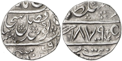 Lahore, VS1879, Rupee
Steve Album Auction 20
Lot No. : 1575
SIKH EMPIRE: AR rupee (11.09g), Lahore, VS1879, KM-66.1, Herrli-08.06.04, 2 tiny testmarks, VF to EF.
