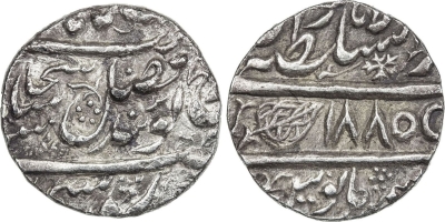 Lahore, VS1885 Rupee
Stephen Album Rare Coins | Auction 27 

SIKH EMPIRE: AR rupee (10.98g), Lahore, VS1885, KM-66.1, Herrli-08.06.04, some porosity on the obverse only, bold VF.
